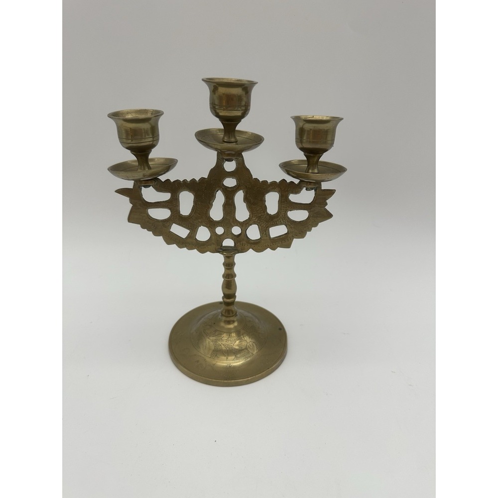 Vintage Chinese Brass Etched Engraved‎ Dragon Candelabra Candle Holder 7.5"